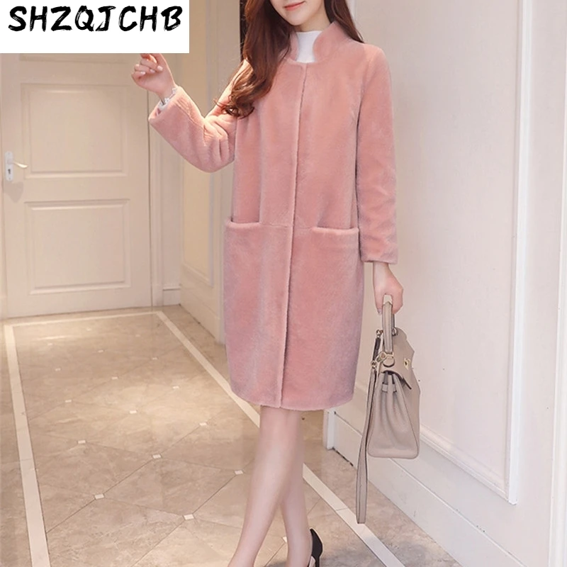 

JCHB 2021 Winter Faux Fur Coat Women Lamb Furs Jackets Fashion Stand Collar Coats Pink Fur Jacket Female Thick Warm Overcoat WX