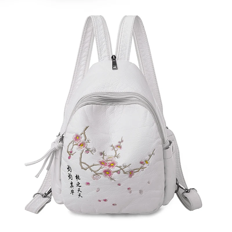 White-Peach blossom Зимний женский рюкзак с вышивкой, женская мода, 3 в 1, рюкзак, качественный, из промытой кожи, Женская нагрудная сумка, рюкзак для путешествий - Цвет: White-Peach blossom