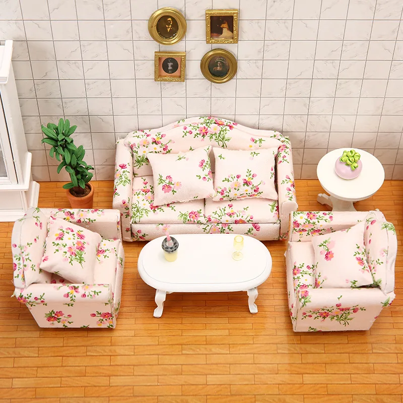 

1:12 Doll House Miniature Furniture OB11 Model Pink Coth Floral Couch with Pillow Living Room Sofa Set