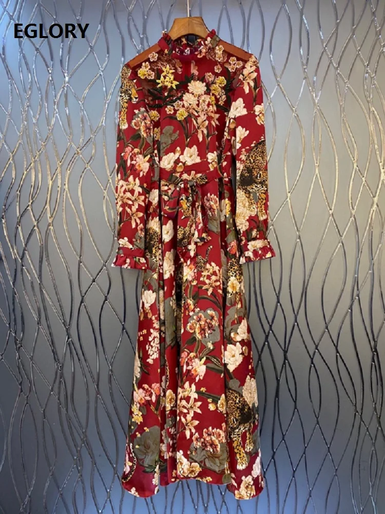 

High Quality Silk Long Dress 2021 Spring Summer Clothes Women Sexy Wild Animal Print Belted Long Sleeve Casual Maxi Dress Sun