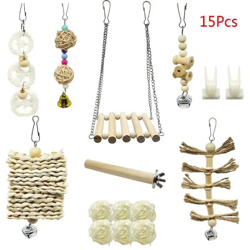 

15Pcs/Set Pet Parrot Wooden Swing Chewing Toys Hanging Bell Stand Perch Training