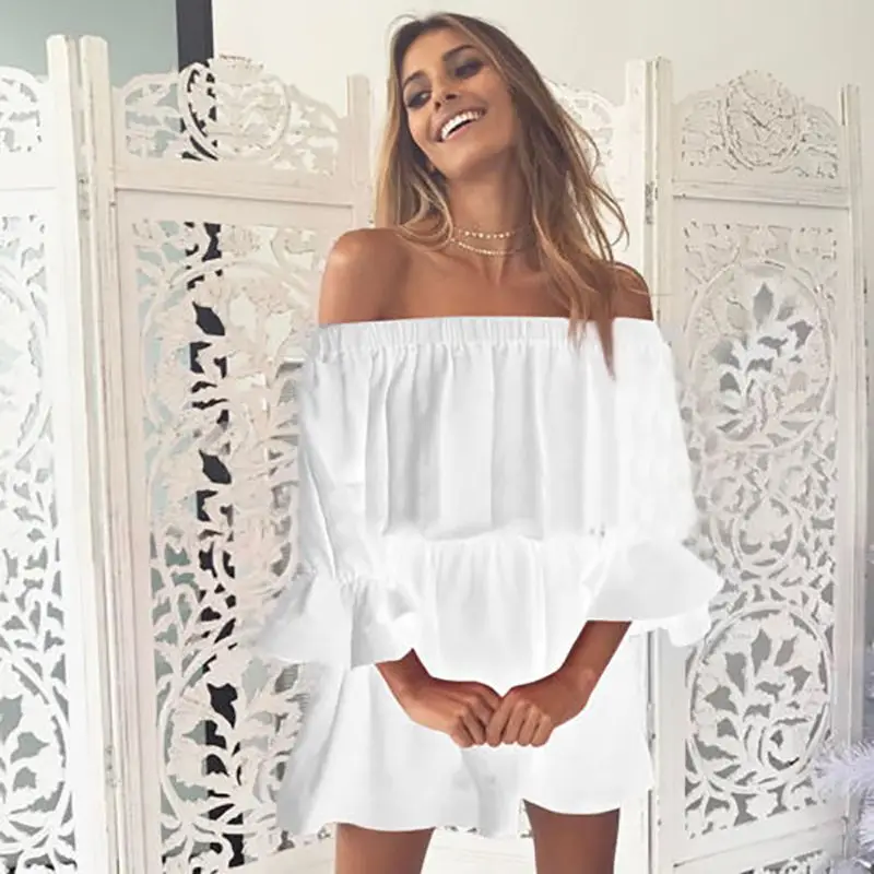 

2021Women Slash Neck Off Shoulder Dresses Summer Flare Sleeve Bandage Solid Sundress Loose Casual Sexy Beach Vestidos Robe Dress