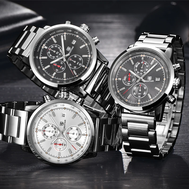 

Benyar Men Watch Set Top Brand Luxury Male Leather Quartz Chronograph Military Waterproof Wrist Watch Men Sport Clock relojes
