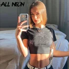 Винтажные черные футболки Стразы с рисунком паука, Mall Goth Y2K, кроп-топы с круглым вырезом и коротким рукавом, эстетичные футболки E-girl