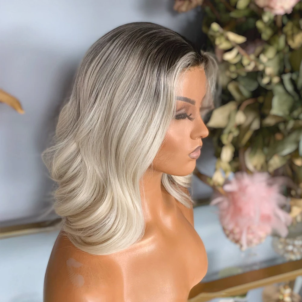 Platinum Blonde Human Hair Lace Front Wig Short Bob Wavy Wigs Highlight Black Roots Ombre Lace Front Wig 13x1 Remy Hair 150%
