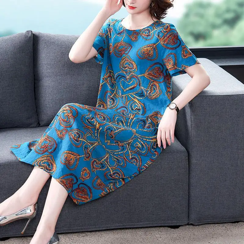 

2020 New Summer Middle Aaged Women Fashion Short Sleeve Printing Dress Female Causal Loose Dresses Vestitos Plus Size L-5XL W110