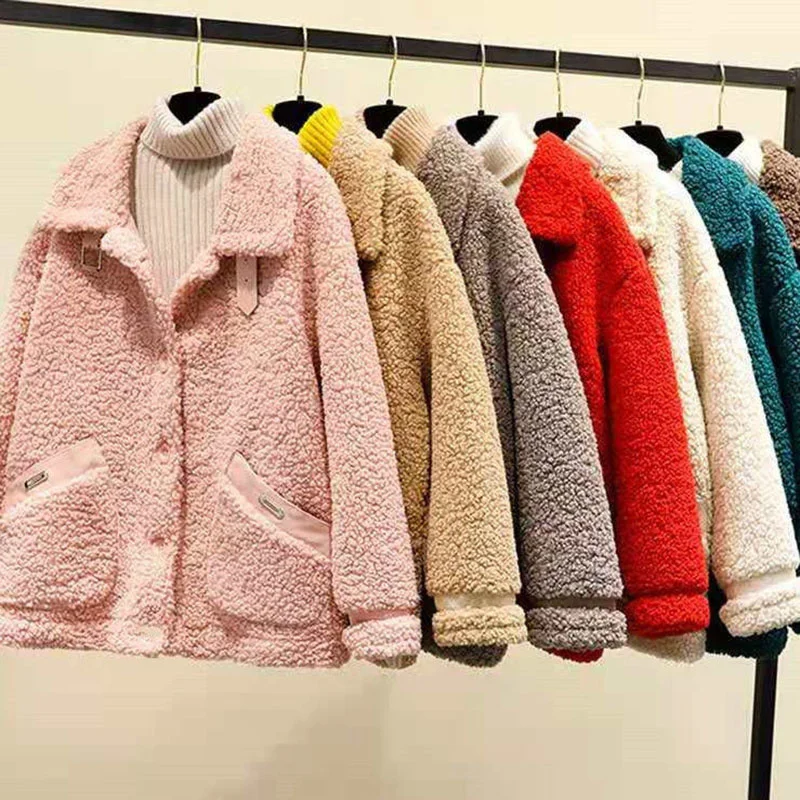 

Autumn Winter Woman Parkas Korean Faux Fur Lamb Plush Jackets Women Fashion Elegant Loose Grain Fleece Casual Short Warm Coat