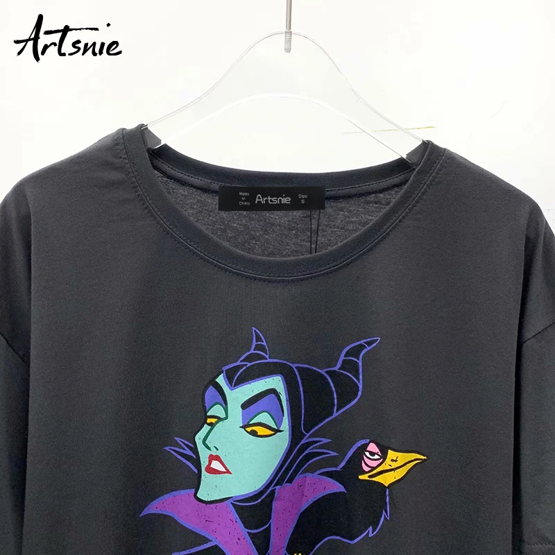Artsnie summer 2020 cartoon print women t shirt o neck short sleeve tops female streetwear casual black gray t-shirt mujer | Женская