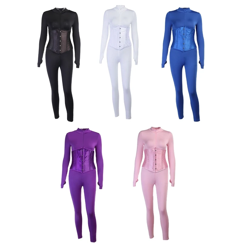 

Women 2Pcs Long Sleeve Turtleneck Half Zipper Jumpsuit with Lace-Up Corset Set