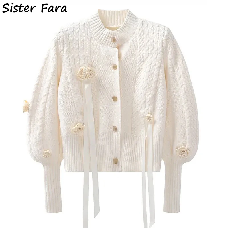 

Sister Fara 2021 Autumn Winter Single Breasted Sweater Women Chic Lantern Sleeve Thicken Wild Warm Knitted Cardigan Sweater Tops