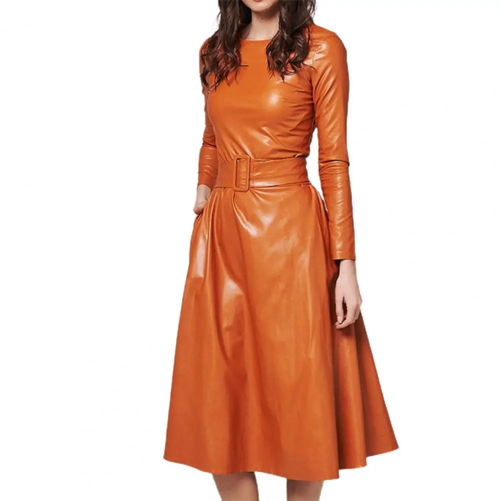 

Женское облегающее платье из искусственной кожи, элегантное платье с длинным рукавом и круглым вырезом, повседневная одежда, осень-зима 2021