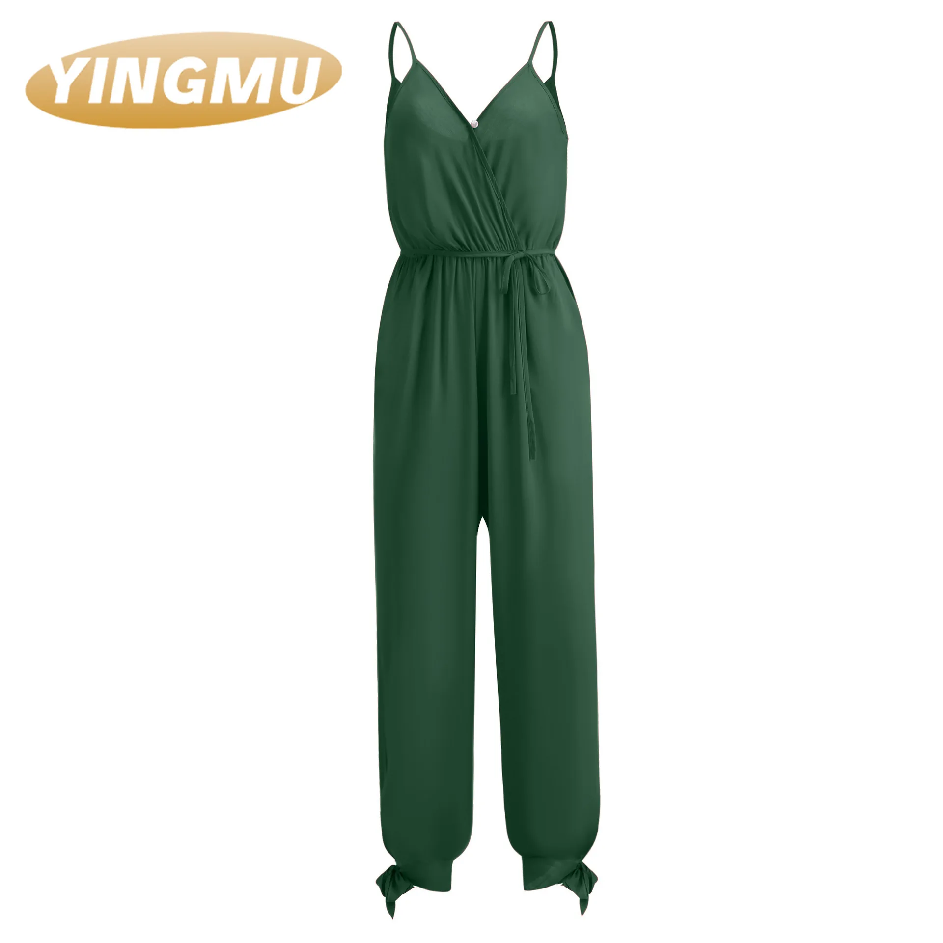 

2021 spring and summer sexy open back tied deep V-neck suspender women's Jumpsuit woman pants streetwear women stacked pants