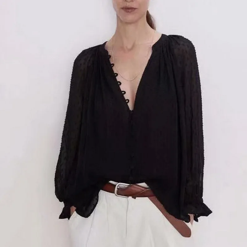 Прозрачная женская блузка Черная шифоновая рубашка Лето 2019 Новая мода v-образным