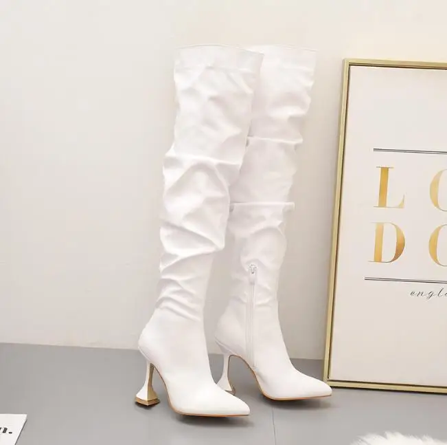 New Design Pleated Leather Over The Knee Boots Fashion Runway Strange High Heels Sexy Pointed Toe Zip Womans Shoes | Обувь