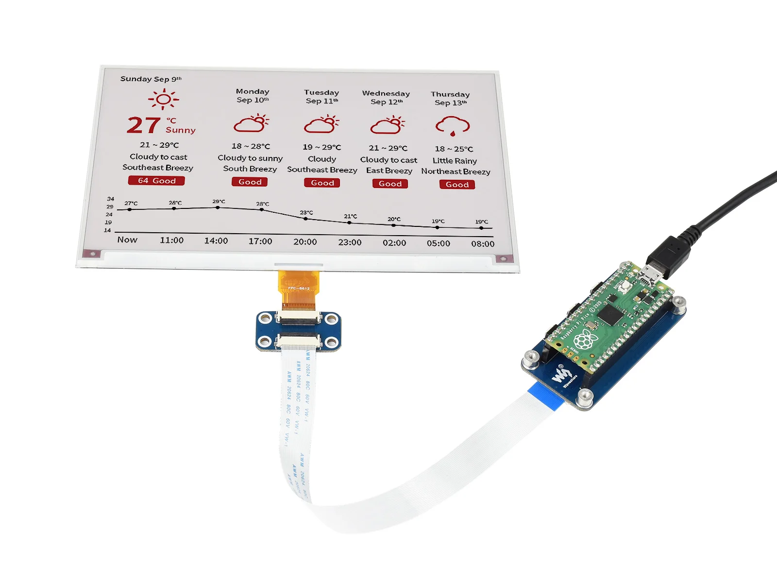 Фото Waveshare 7,5 дюймовый E-Paper E-Ink дисплей модуль (B) для Raspberry Pi Pico, 800 × 480, красный/черный/белый, SPI №2