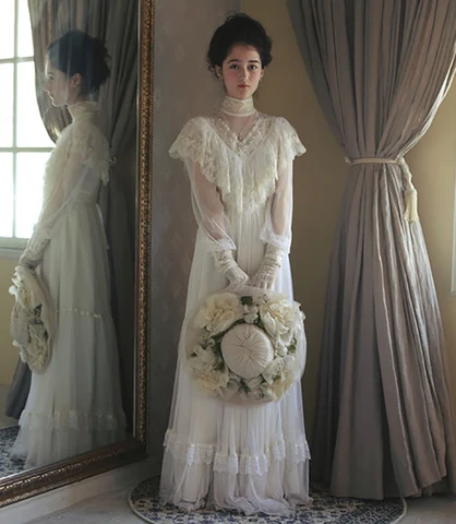 High Neck Tulle Wedding Dress Medieval Victorian Vintage Long Sleeve Lace Custom Made Floor Length Muslim Country Bridal Gown