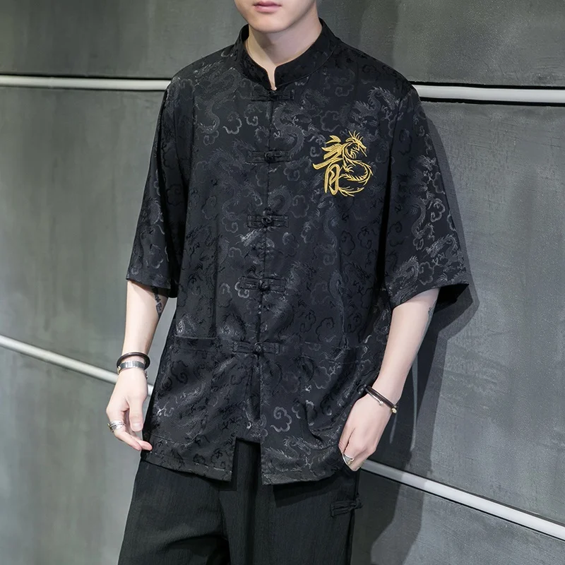 2021 Summer Chinese Style Shirt Men Tang Suit Button Dragon Pirnt Streetwear Shirts Half Sleeve Tops 30632 |