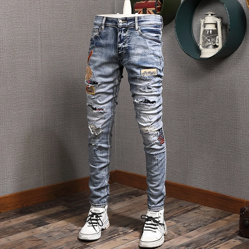 

Модные мужские джинсы в уличном стиле, ретро, серые, синие эластичные облегающие рваные джинсы с нашивками, дизайнерские Джинсовые брюки в с...