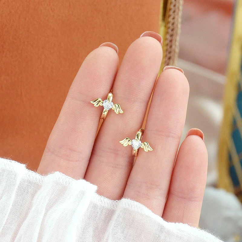 

Romantic Charming 14k Real Gold Heart Shaped Angel Wings Hoop Earrings for Women High Quality Jewelry AAA Zircon Party Fine Gift