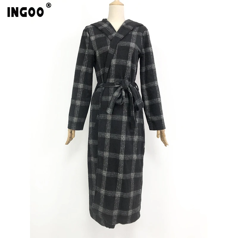 Женское шерстяное пальто в черную и белую клетку INGOO офисное Свободное длинное с
