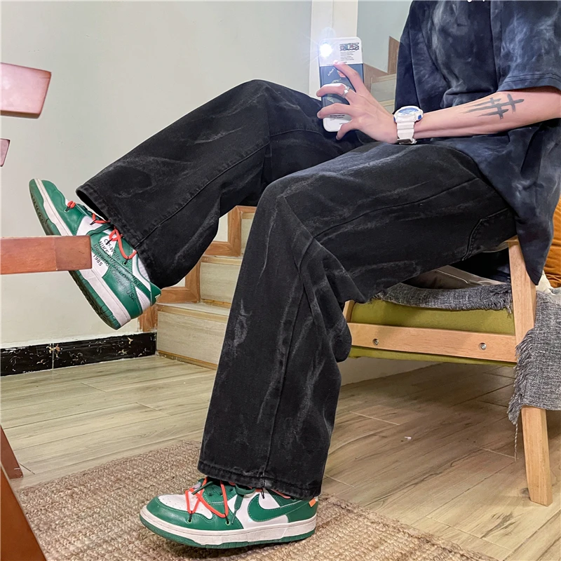 

2021 Men's Fashion Wide Leg Pants Baggy Homme Men Denim Trousers Classic Cargo Pocket Jeans Blue Men Casual Pants S-3XL