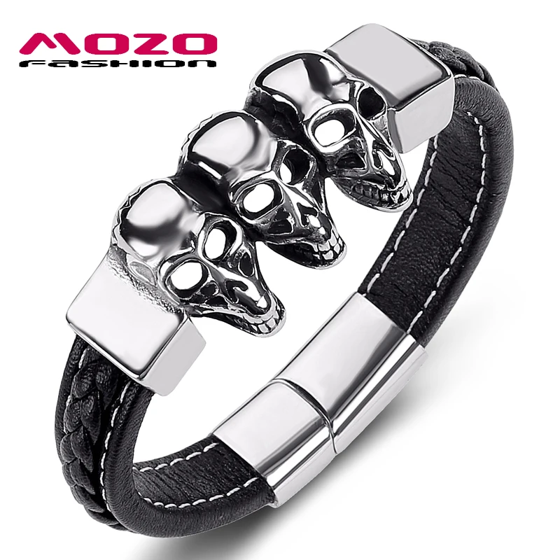 

MOZO Fashion Jewelry Multiple Skull Back Weave Leather Bangles Stainless Steel Magnetic Male Punk Bracelets