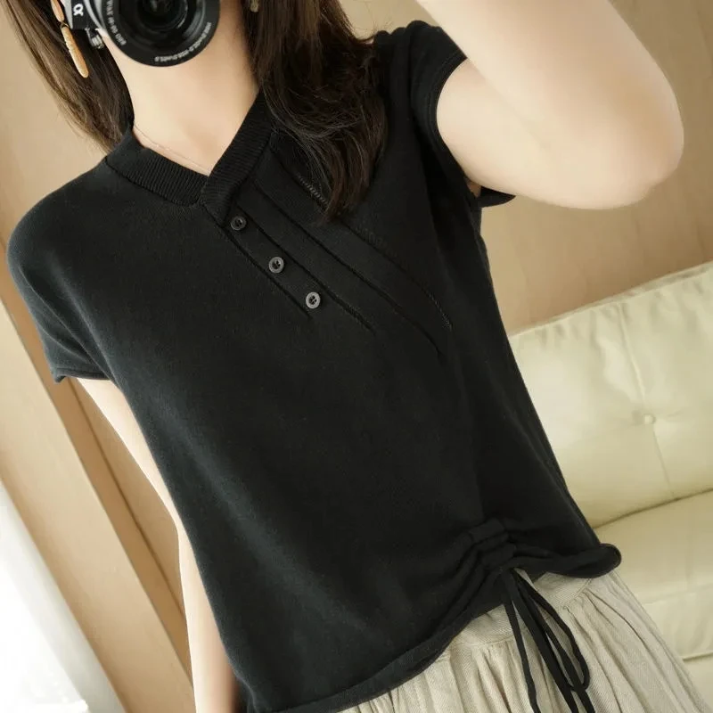 

Fashion Drawstring Lace-Up Short Sleeve Knitted T-Shirt Women Korean V-Neck Solid Knitwear Tops 2021 New Summer Pullover T-shirt