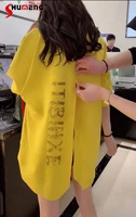 2021 summer womens yellow short sleeve letter print t shirts ins woman loose back zipper split mid length punk clothes tee top