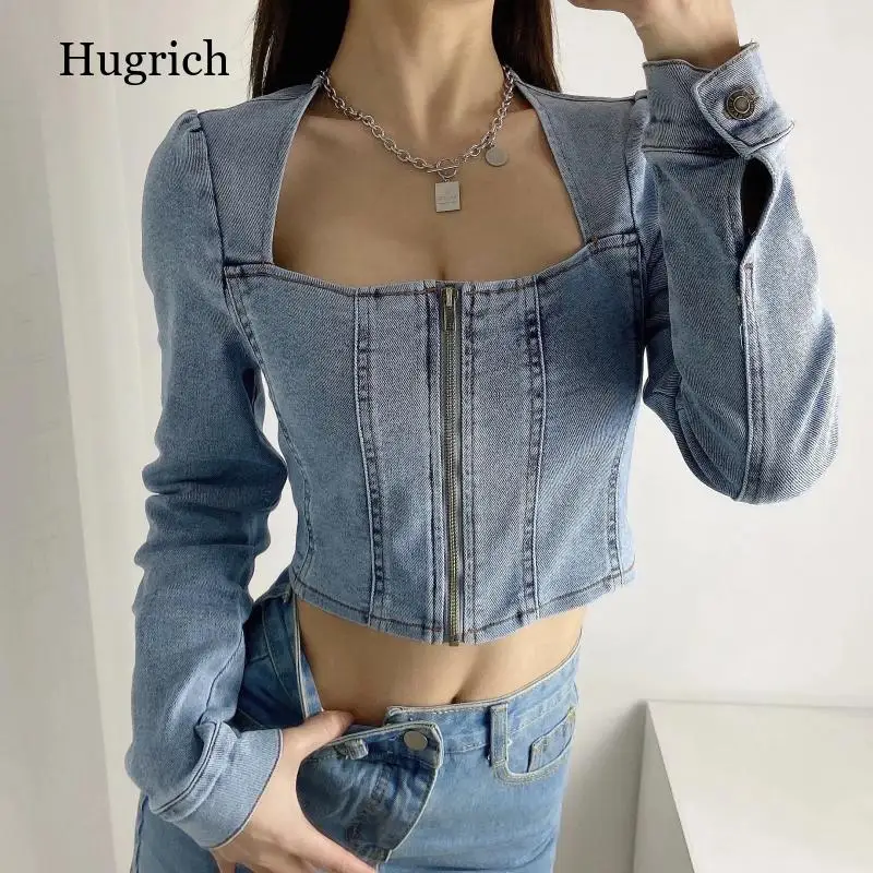 

Women's 2021 early autumn sexy low-cut square collar long-sleeved denim jacket with zipper denim jacket