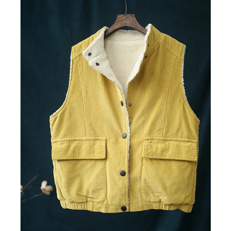 

Womens Autumn Corduroy Sleeveless Jacket Women Vintage Winter Warm Fleece Vests Stand Collar Womans Short Cashmere Vest