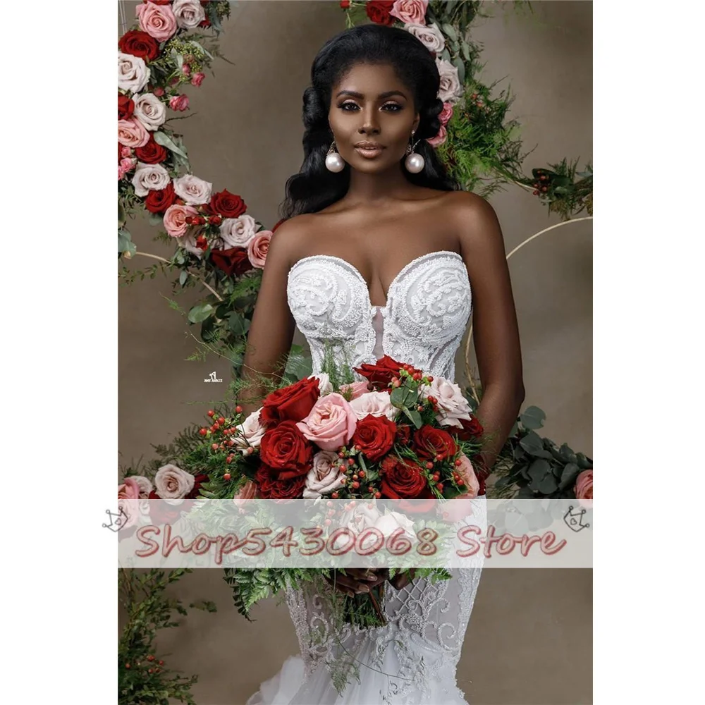 African Sweetheart Mermaid Wedding Dress 2022 New Strapless Lace Beaded Wedding Gowns Applique Bridal Dress images - 6