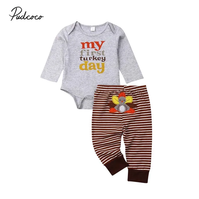 2019 Brand Cotton Infant Newborn Baby Boy Girls Letter Tops Romper Turkey Striped Long Pants Outfits Set Thanksgiving Clothes | Детская