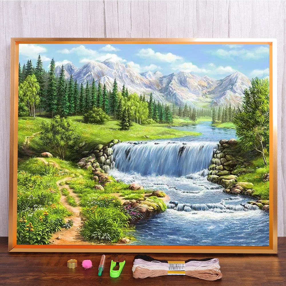 

Landscape Sunset Printed Water-Soluble Canvas 11CT Cross Stitch DIY Embroidery Full Kit DMC Threads Handicraft Package