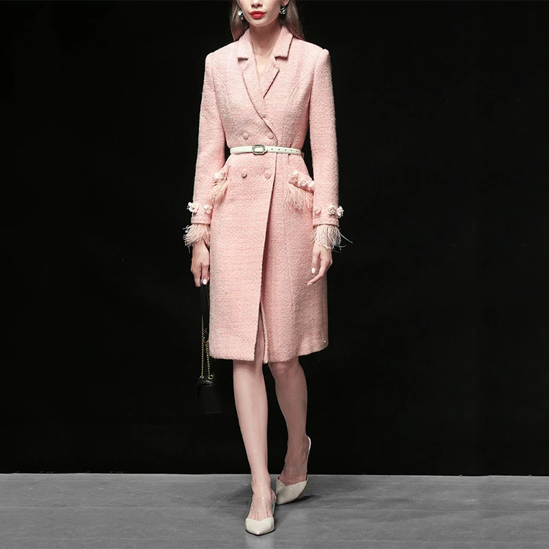 Элегантное двубортное зимнее пальто с перьями для женщин дизайнерское толстое