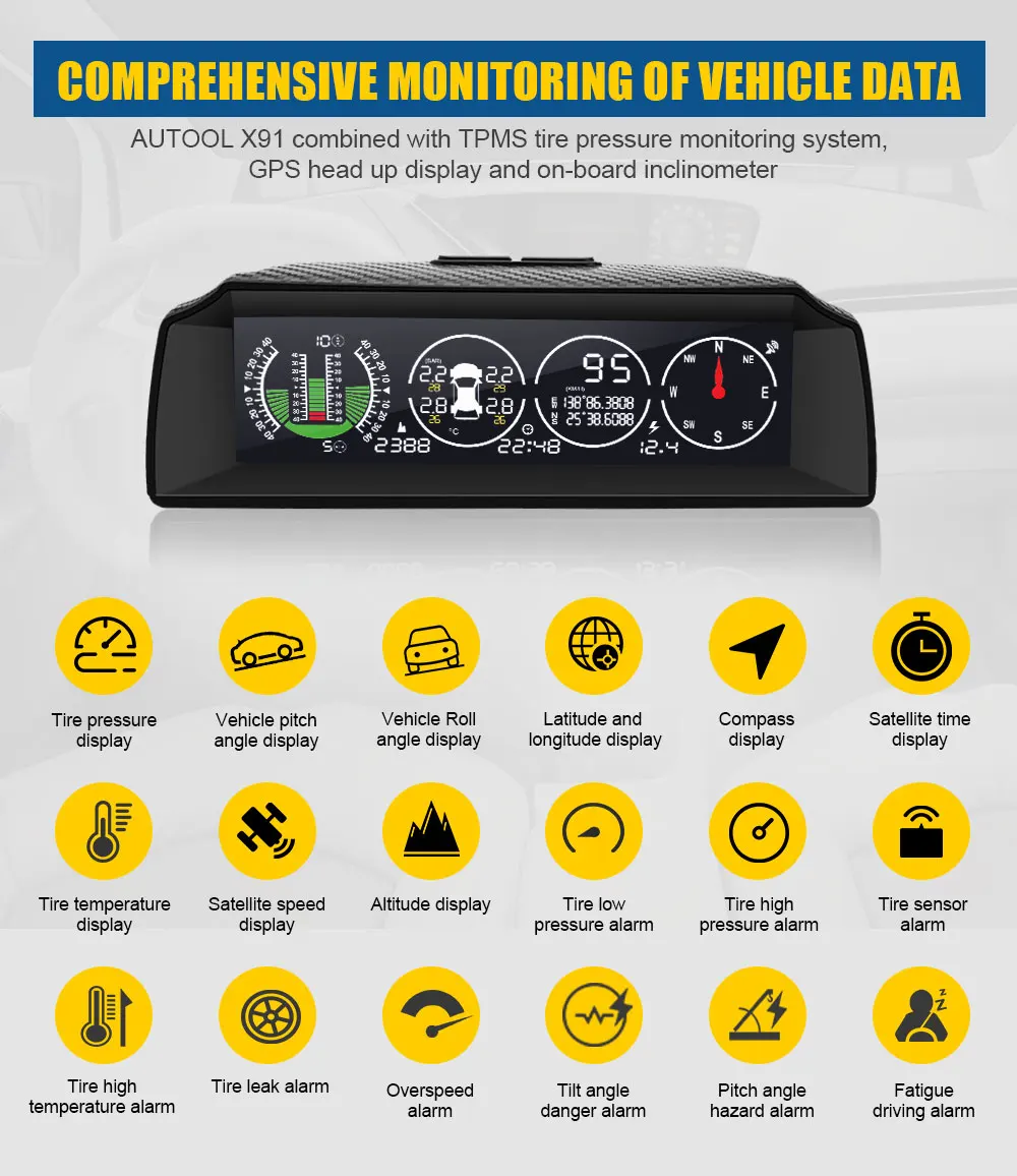 GPS-датчик скорости AUTOOL X91 HUD измеритель наклона TPMS рулон угла для всех автомобилей