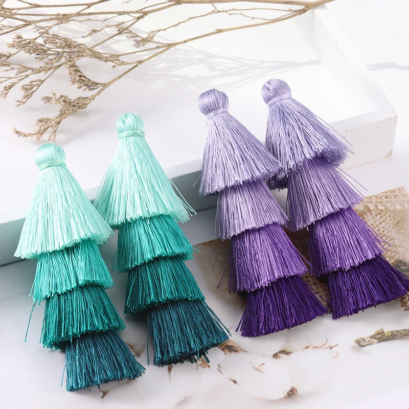 

4pcs/lot 8.5cm 4-layer Colorful Cotton Silk Fringes for Earrings 2019 Charm Pendant Tassels DIY Jewelry Making Findings Material