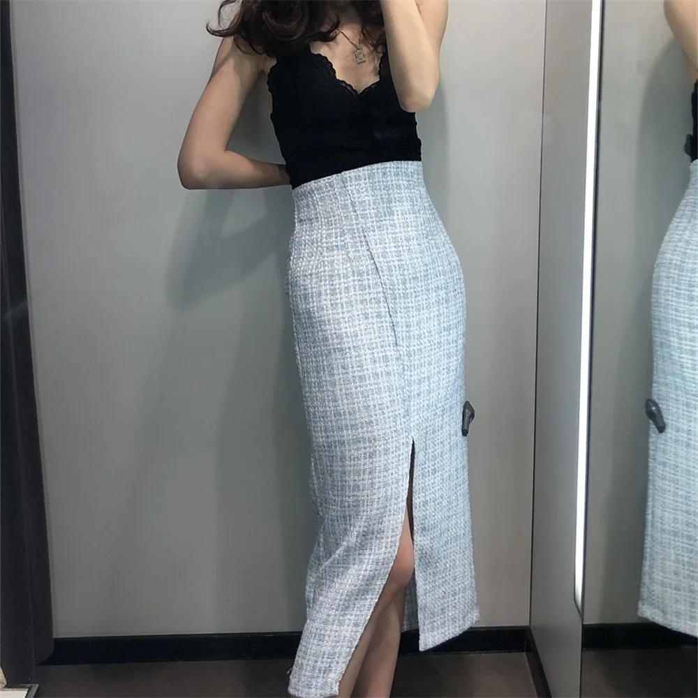 

2020 autumn new women small fragrance design sense plaid high waist front slit tweed tweed bag hip long skirt