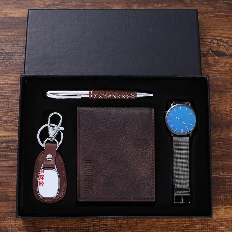 

XSVO Leisure Business Quartz Men Watches Fashion Boutique Set Gift Box Wallet+Pen+Keychain+Watch Male Wristwatches Clock