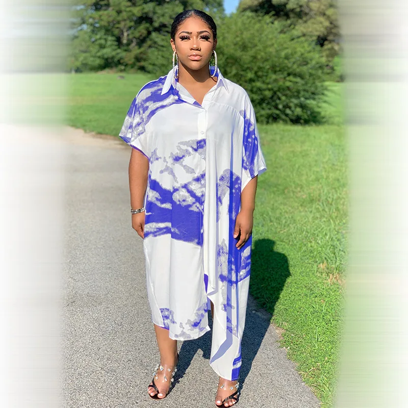 

Summer Casual Tie-dye Loose Shirt Dress Women Fashion Plus Size Loose Home Long Street Irregular Shirt Dress