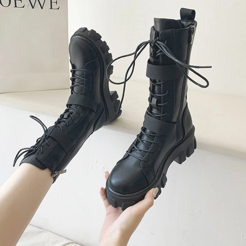 

2021 New Women Motorcycle Boots Autumn Ladies Lace Up Zip Boots Female Punk Cool Flats Woman Fashion Buckle Sewing Footwear