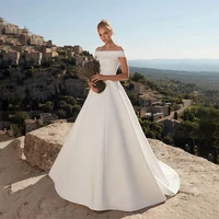 bride gown for woman simple a line bridal gowns sleeveless boat neck satin pure white wedding dresses vestido de casamento