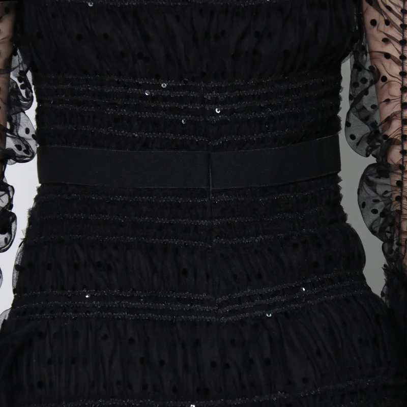 

TWOTWINSTYLE Patchwork Mesh Black Dress For Women Square Collar Bell Sleeve High Waist Summer Long Dresses Female Fashion New