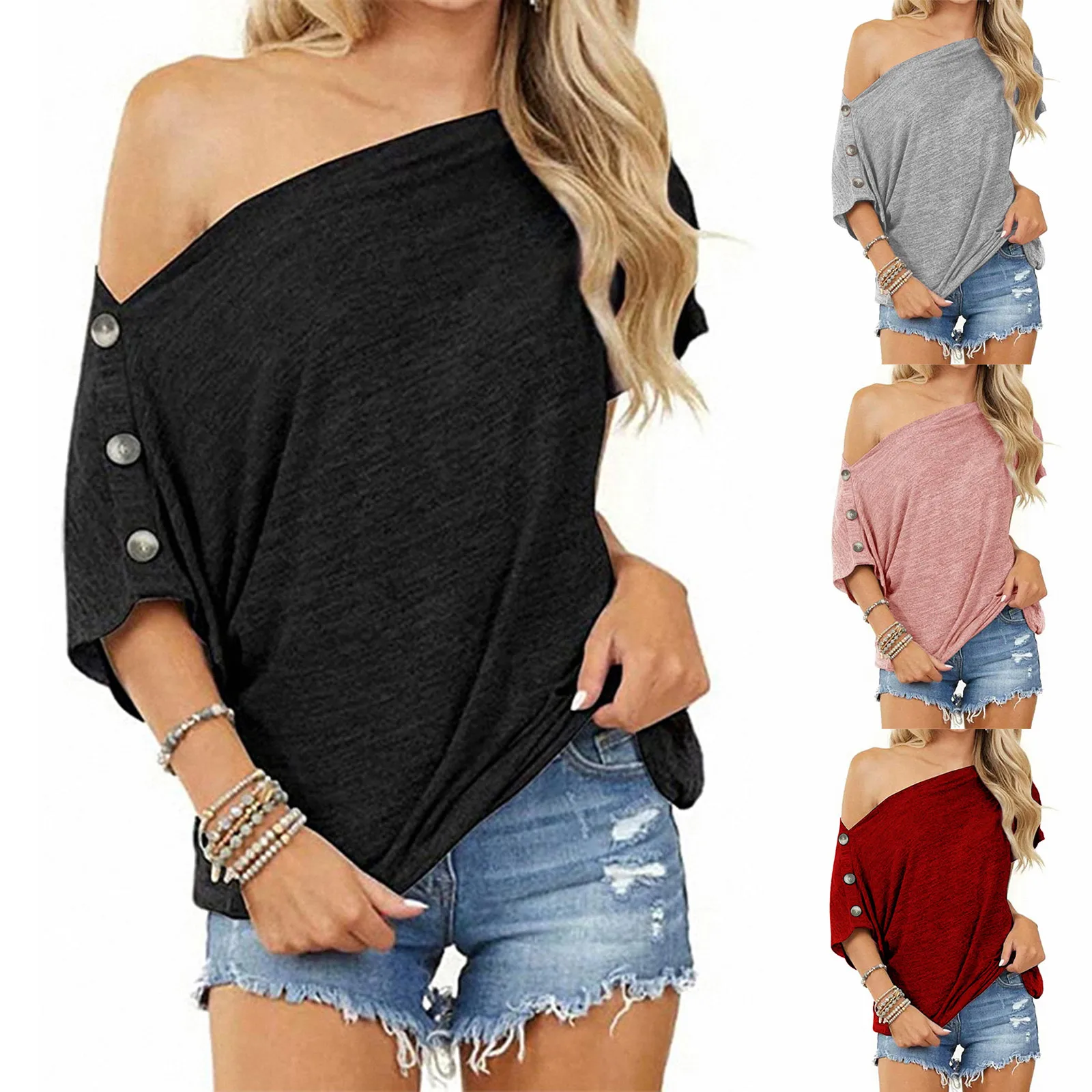 

ZOGAA Off Shoulder T-Shirt Casual Women tshirt Fashion Womens Solid Color Off The Shoulder Button Short Sleeve Tops Blouses