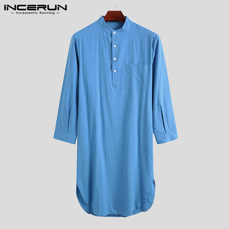 2022 Men's Sleep Robes Solid Color Cotton Long Sleeve Comfort Leisure Homewear O Neck Nightgown Mens Bathrobes INCERUN S-5XL 7