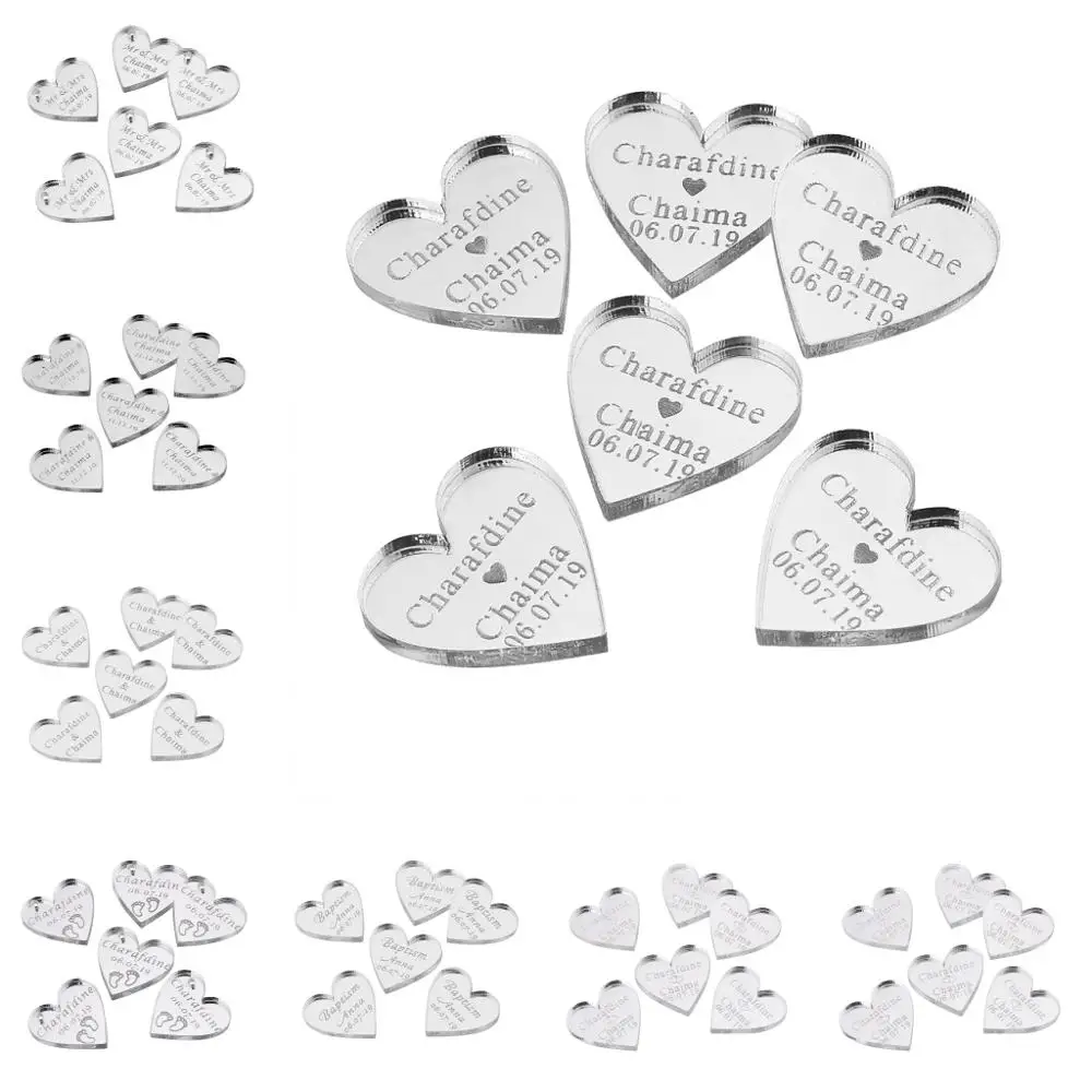 

50pcs Personalized Customized Engraved Mirror Silver Love Hearts Wedding Table Centerpieces Mr & Mrs Surname Name Tag Decor
