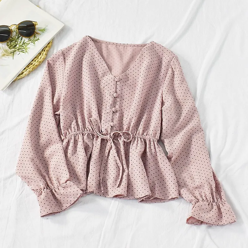 

Women's Clothing 2021 Polka Dot V-Neck Long Sleeve Shirt Chiffon Blouse Korean Elegant Woman Top Fashion Ladies Tops Spring Fall