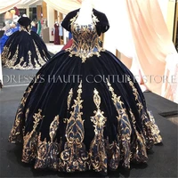 navy blue velvet princess quinceanera dress ball gown sequins applique vestido mexicano style sweet 15 prom gown with sleeves