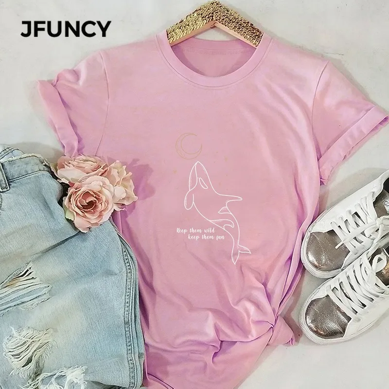 JFUNCY 100% Cotton Summer Woman T-shirts S-5XL  Women Tops New Dolphin Print Tshirt Female Short Sleeve Tees