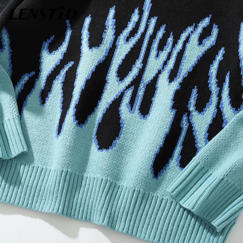 

LENSTID 2020 Autumn Men Hip Hop Flame Pattern Vintage Sweaters Streetwear Harajuku Knitted Pullovers Casual Hiphop Tops Clothing