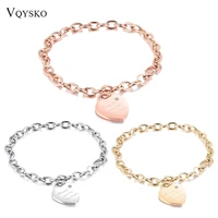 women handmade bracelets stainless steel jewelry heart engrave rolo cable charm bracelet with crystal best gift design joyas de